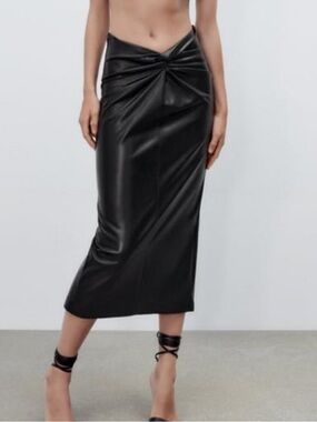 Zara Black Faux-Leather Twist Midi Skirt